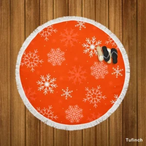 Winter Snowflakes In Orange Background Round Beach Towel