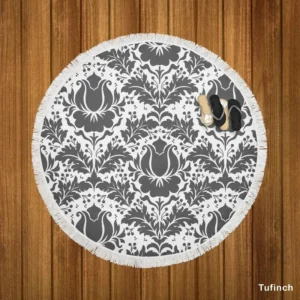 Wolf Grey Floral Damask Round Beach Towel