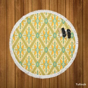 Yellow Green Teal Geometric Round Beach Towel