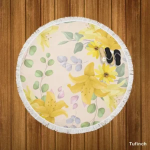 Yellow Lily Floral Pattern Round Beach Towel