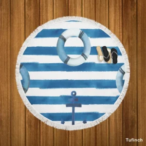 lifebuoy With Anchor Or Blue White Round Beach Towel